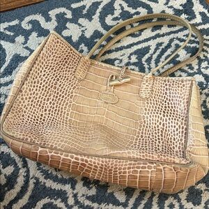 Vintage Longchamp Roseau Embossed Croc Beige Tote Bag Purse Leather Made France